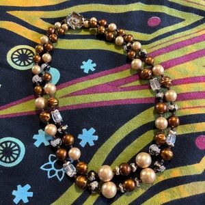 VTG Japan Toffee Brown Faux Pearl Austrian Crystal Floral Clasp Costume Necklace